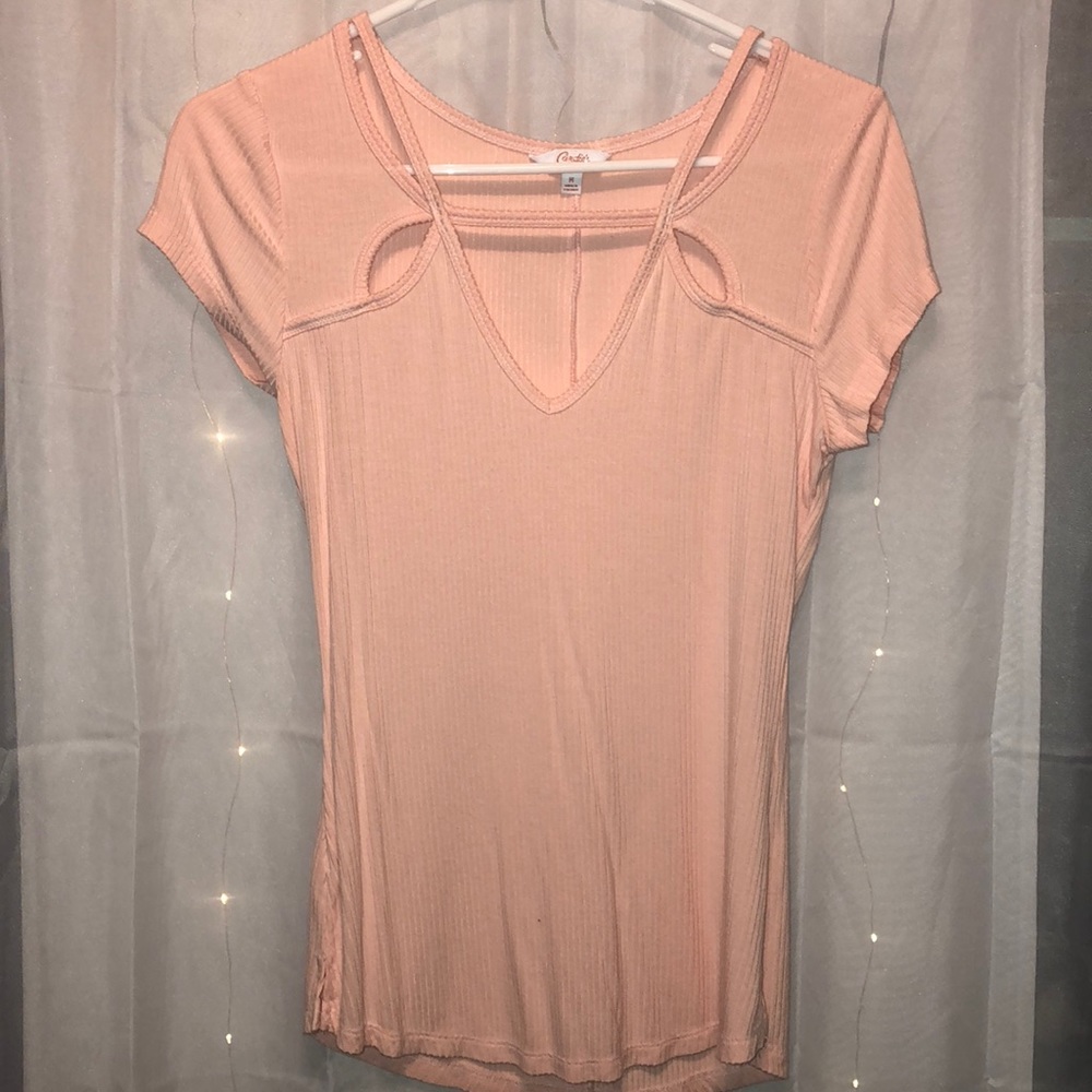 pink shirt w/ neck cut-out